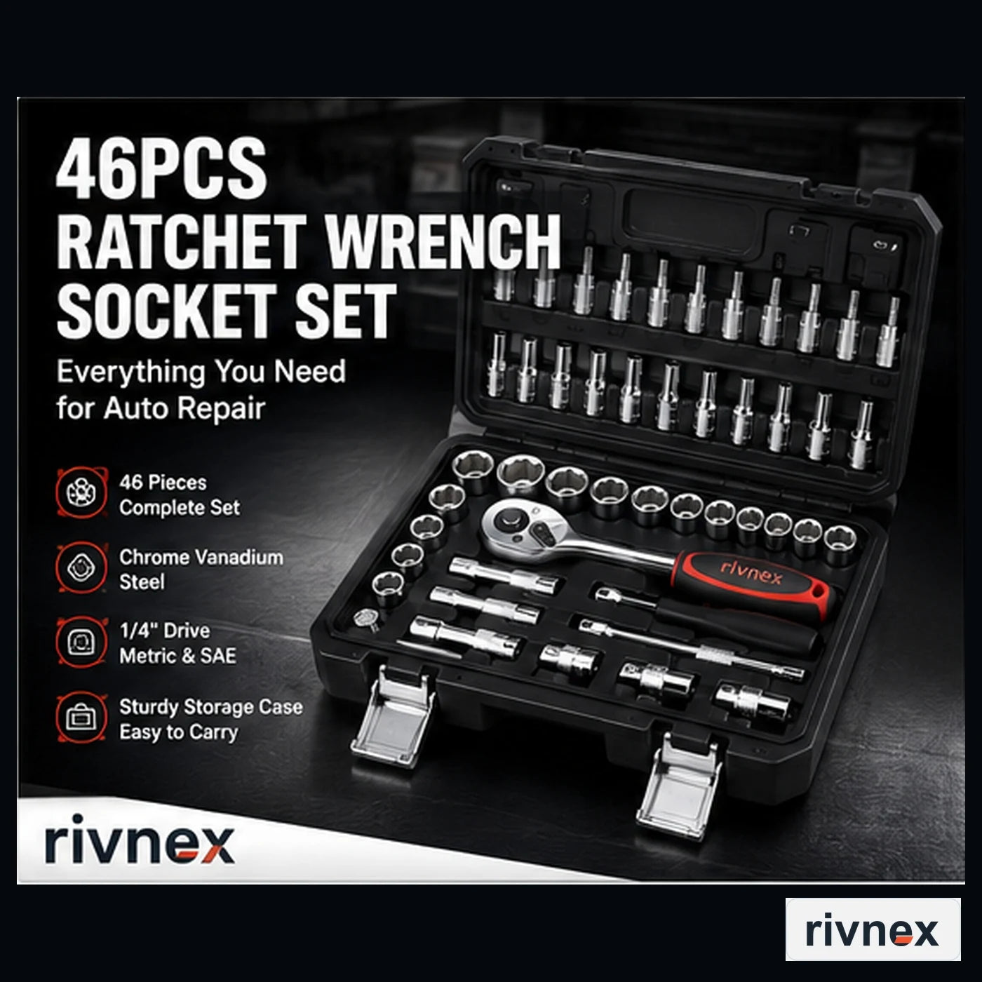 RIVNEX 46-piece ratchet wrench socket set in storage case