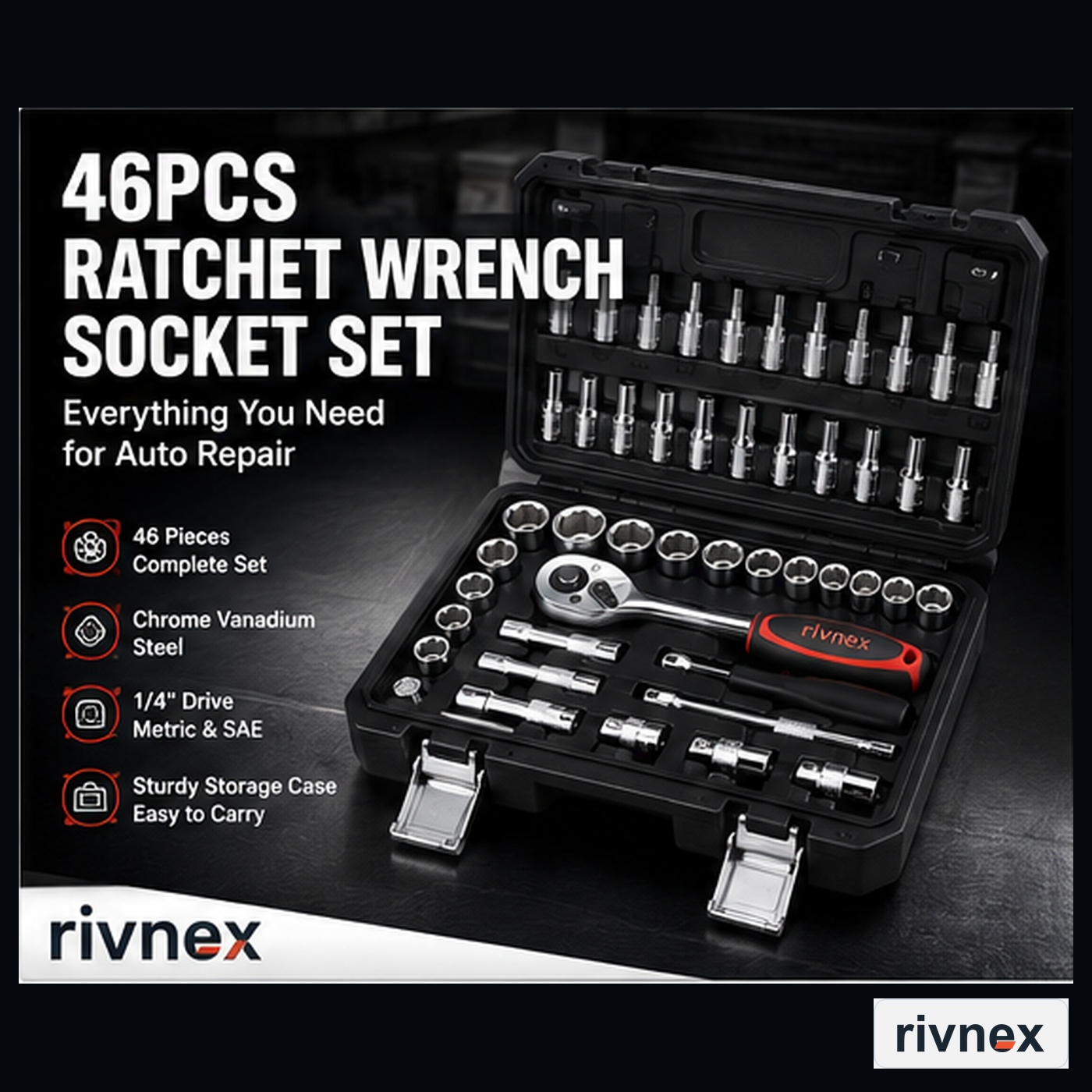 Rivnex 46-Piece Ratchet Wrench Socket Set - 1-4 Inch Drive Metric & SAE Auto Repair Tool Kit PNG