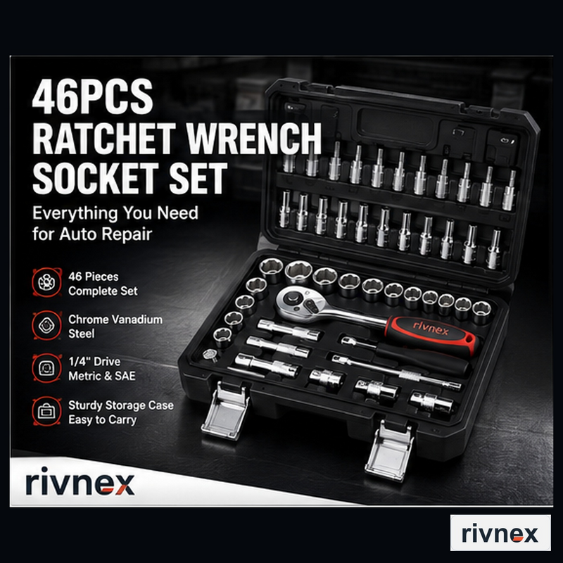 Rivnex 46-Piece Ratchet Wrench Socket Set - 1-4 Inch Drive Metric & SAE Auto Repair Tool Kit PNG