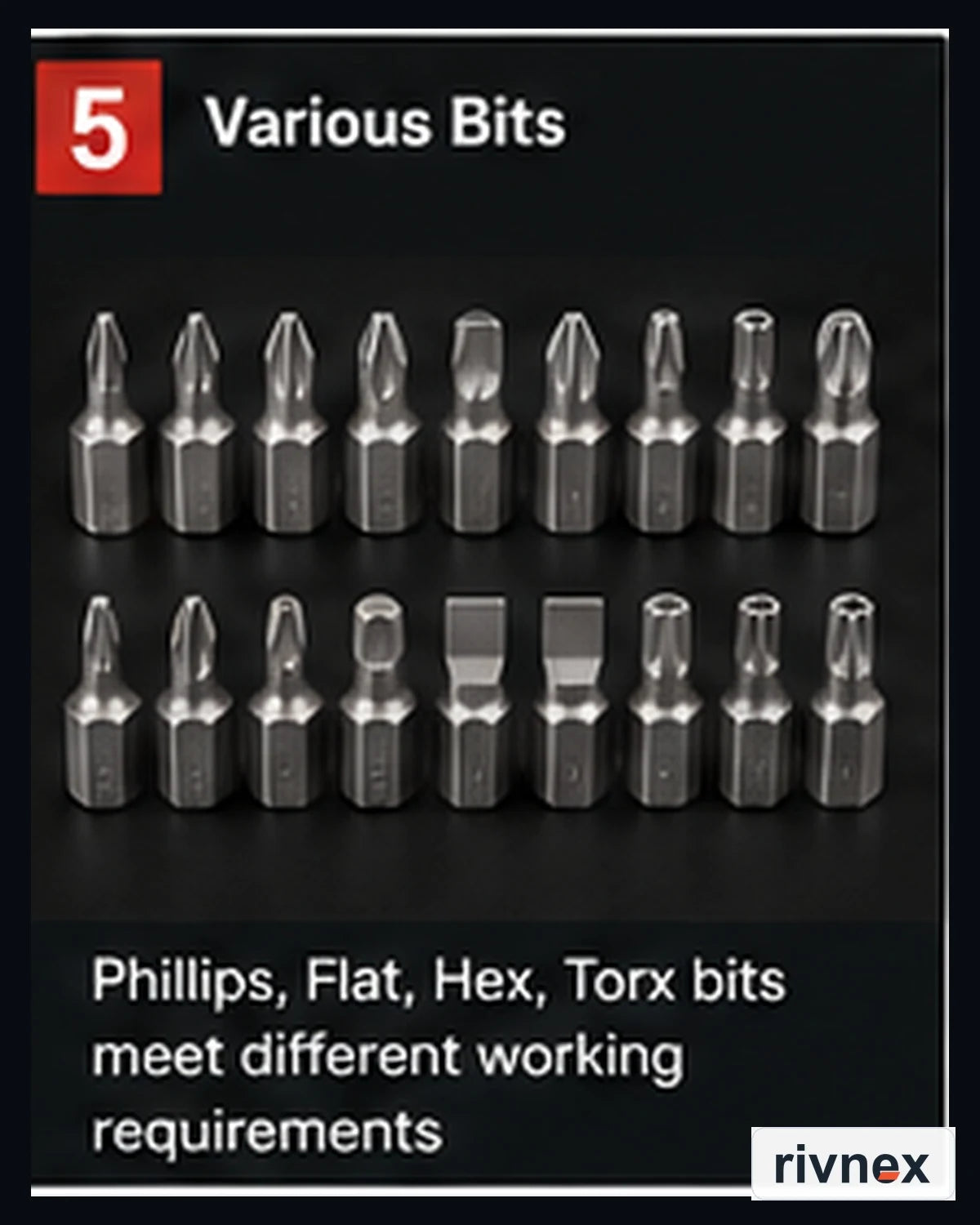 Assorted Phillips, flat, hex and Torx-style bits